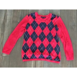 Tommy Hilfiger Sweater Women’s Small Argyle Knit Red Navy Diamond Pullover Class